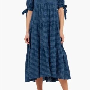 English Factory Gingham Tiered Midi Dress with Bow Tie Sleeves Small New No Tags